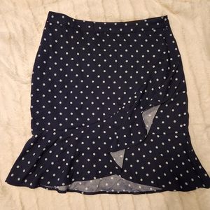 Navy polka dot ruffle asymmetrical pencil skirt